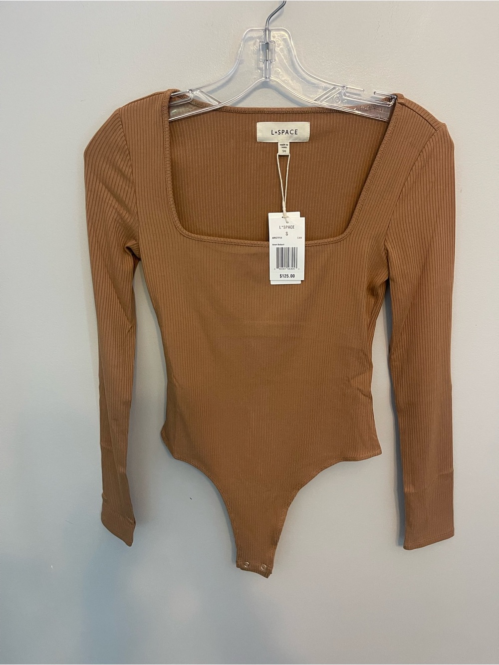 L*Space Amore Long-Sleeve Square-Neck Bodysuit In Camel NWT Small - Picture 5 of 7